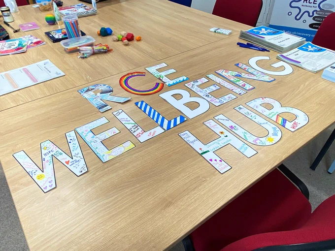Cut out paper letters that spell ‘RCE Wellbeing Hub’ displayed on a table. Students have drawn and written on the letters, answering the question “what does wellbeing mean to you?”