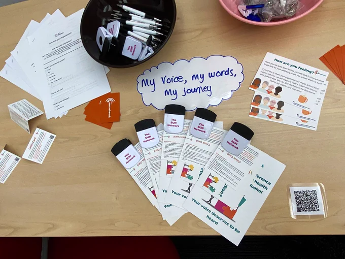 Merchandise from the SUN Network, including postcards and crisis cards