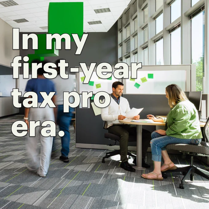 Image contains: A tax pro sits at a desk with a client in an H&R Block office. Text is on the image that says "In my first year tax pro era."