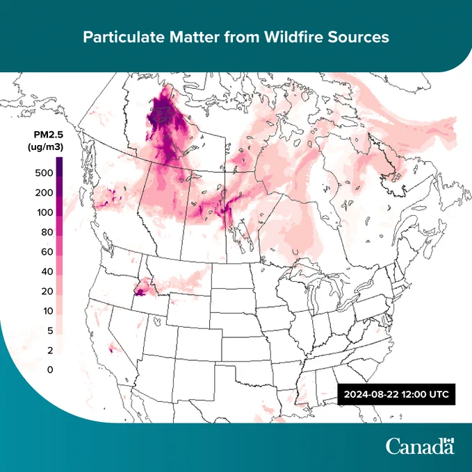 Wildfire Smoke Prediction System (FireWork) map showing surface fine particulate matter from wildfire sources.