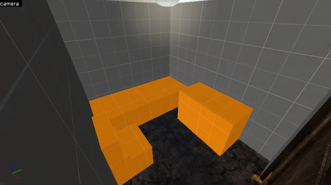 The unused bathroom of the apartments map. Only done up in rough dev textures, however, there is a light fixture on the ceiling and the other side of the door seen in the main room of the apartment. The floor is part of the same brush as the main room's floor so it has the same texture on it. A rough blockout of a toilet, bathtub, and counter can be seen. No interactive descriptions of these items are known to have been written.