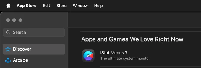 A screenshot of the Mac App Store, showing iStat Menus in the “apps and games we love right now” section.