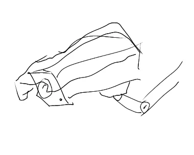 "The Joyous Smiler", 2024, digital. A digital drawing of a box-style surveillance camera. The camera has a rectangular housing and a circular lens. On the lens is what appears to be a closed eyelid, indicating that the camera is smiling.