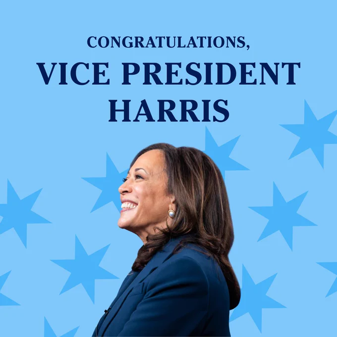 A graphic with an image of Vice President Kamala Harris with text that reads: 

Congratulations, Vice President Harris