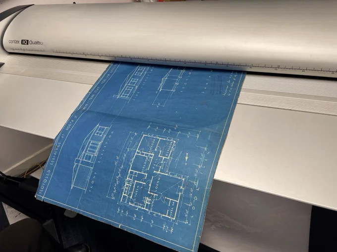 Blueprint for property file being fed into large-format scanner for Wellington City Archives Digitisation project