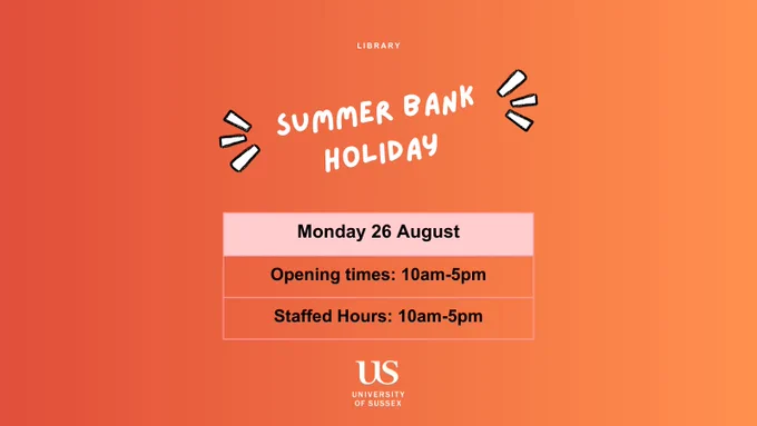 Twitter graphic: A burnt orange gradient background with a white UoS logo. Text reads: Summer Bank Holiday. Monday 26 August. Opening times: 10am-5pm. Staffed hours: 10am-5pm.