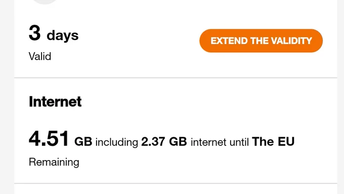 Internet 4.51 GB including 2.37 GB internet until The EU Remaining 