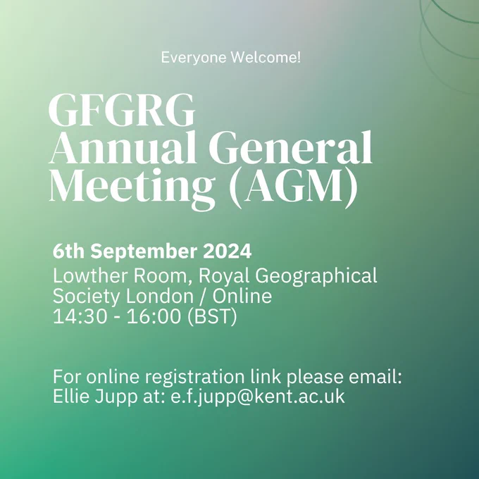 Come and get involved in planning the group’s activities for the coming year at our Annual General Meeting (AGM) 

All welcome on 6th September, 14:30-16:00 (BST).

Join in person in the Lowther Room at the RGS-IBG in London or online. For online registration, email Ellie Jupp e.f.jupp@kent.ac.uk
