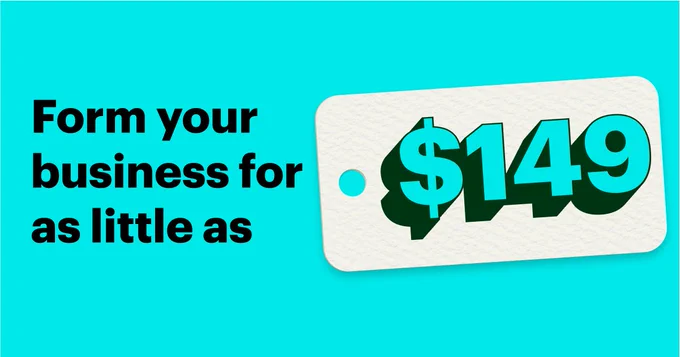 Graphic image with sand colored background and neon blue border. Text reads: Form your business for as little as 149 dollars.