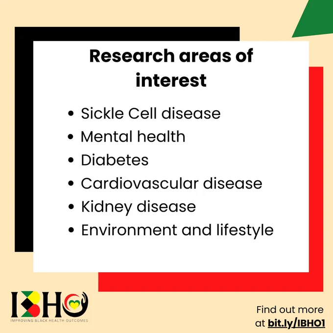 A framed image detailing the research areas of interest: sickle cell disease, mental health, diabetes, cardiovascular disease, kidney disease, environment and lifestyle.
