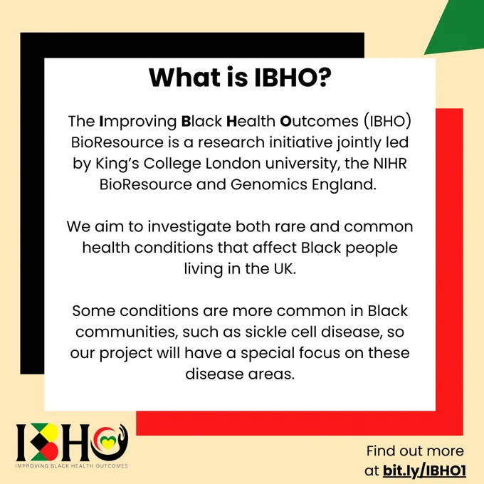 A framed page describing what the IBHO BioResource is. A three-partner research project aiming to investigate rare and common health conditions that affect Black people living in the UK.