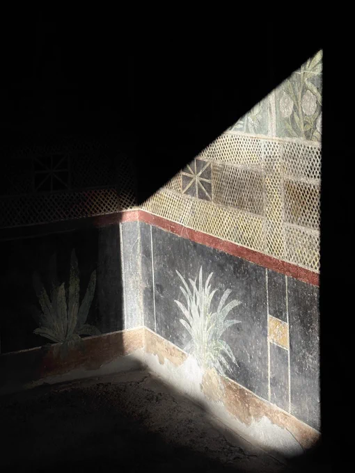 The light from an open doorway illuminates part of a fresco of shrubs and a trellis
