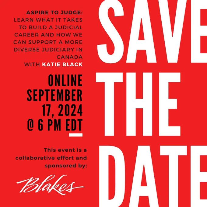 A summary of the bio text appears in black and white on a red background. The words, “SAVE THE DATE” are written prominently on the right hand side with other information on the left. Blakes logo appears in the lower, left corner.