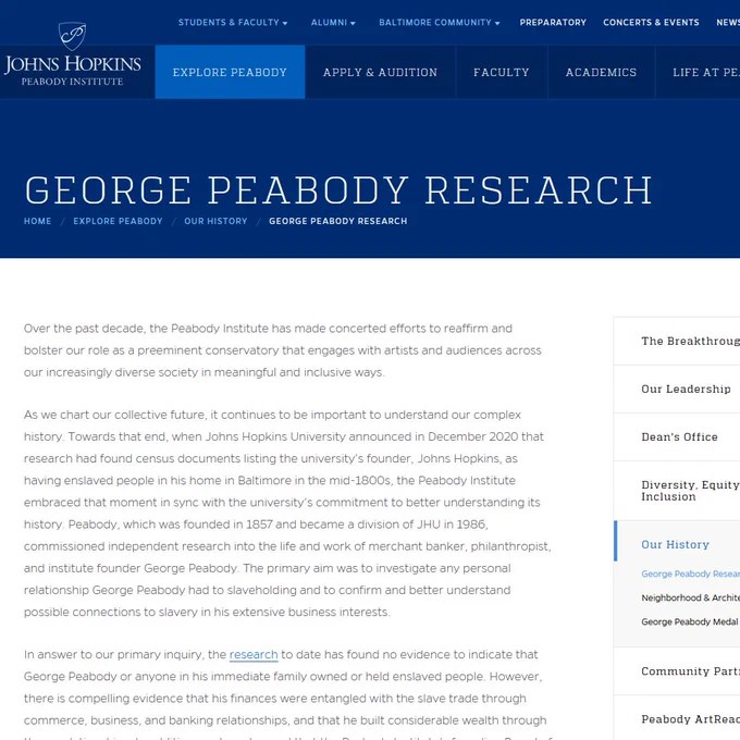 Screenshot of the Peabody website with the title of the page “George Peabody Research” at the top and several paragraphs of text underneath.