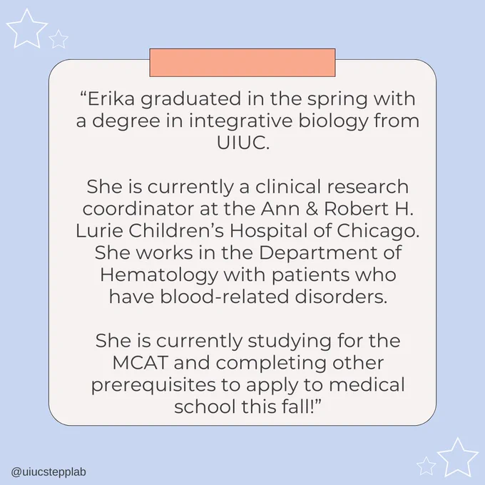 “Erika graduated in the spring with a degree in integrative biology from UIUC.  

She is currently a clinical research coordinator at the Ann & Robert H. Lurie Children’s Hospital of Chicago. 
She works in the Department of Hematology with patients who have blood-related disorders.

She is currently studying for the MCAT and completing other prerequisites to apply to medical school this fall!”