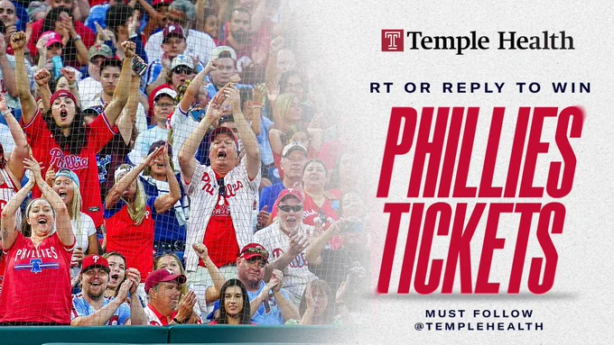 Graphic for the Temple Health Sweepstakes. The text reads "RETWEET OR REPLY TO WIN PHILLIES TICKETS. MUST FOLLOW TEMPLE HEALTH". On the left is a photo of fans celebrating in the crowd at Citizens Bank Park.