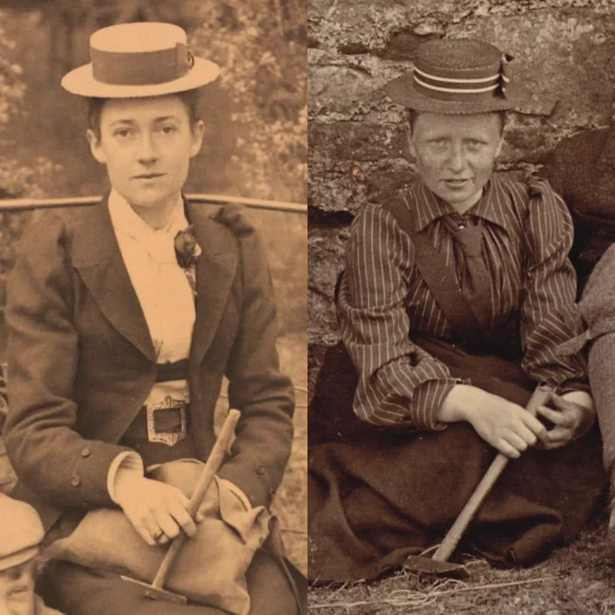 A collage of two images. The first is an old, sepia photo of trailblazer Mary McKenny Hughes taken in 1892. The second is a black and white photograph of trailblazer Gertrude Elles. She is holding one of her geological hammers on the Isle of Man in 1893. 