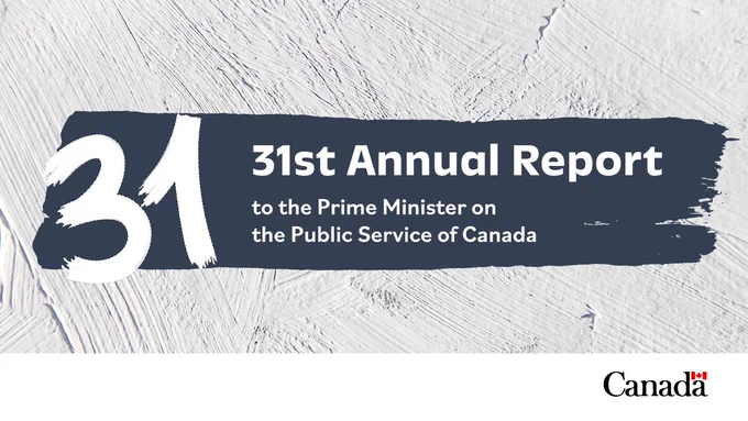 White paint background with a blue paint brushstroke in the middle with the text “31st Annual Report to the Prime Minister on the Public Service of Canada.”