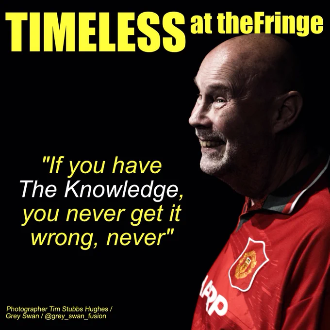 A poster for a play. The side profile of a white man wearing a red football jersey is on a black background. The man smiles intensely. On the left is the title of the play and a quote from the blow in acidic yellow text.