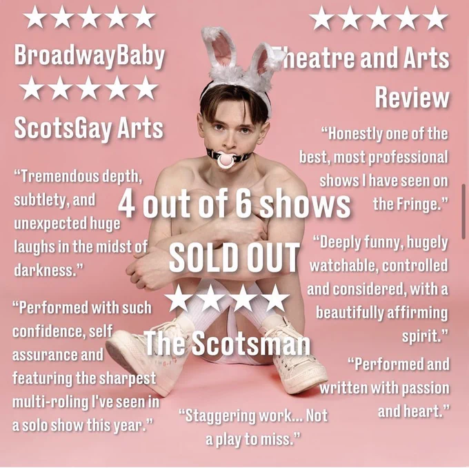 A baby pink background with a white masculine-presenting person sat crossed legs. They wear bunny ears, white trainers and a gag over their mouth. Quotes from reviews are featured either side and across of the person.
