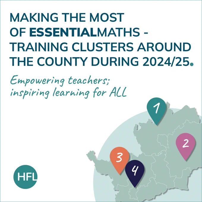 HFL Education ESSENTIALMATHS clusters 2024-2025 now available to book on the HFL Education Hub. 4 venues to choose from across Hertfordshire. 3 half-day sessions across the year (1 per term)