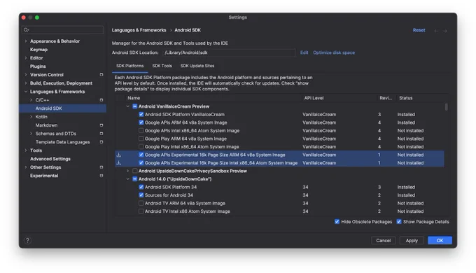 Android Studio settings show the experimental 16k image packages.