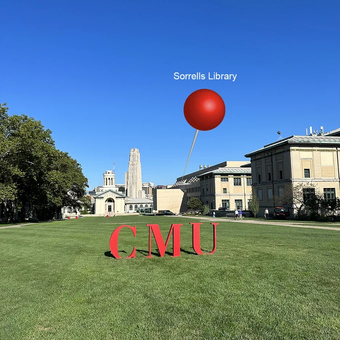 Image of CMU logo in the grass and a big red pin marking Sorrells Library.