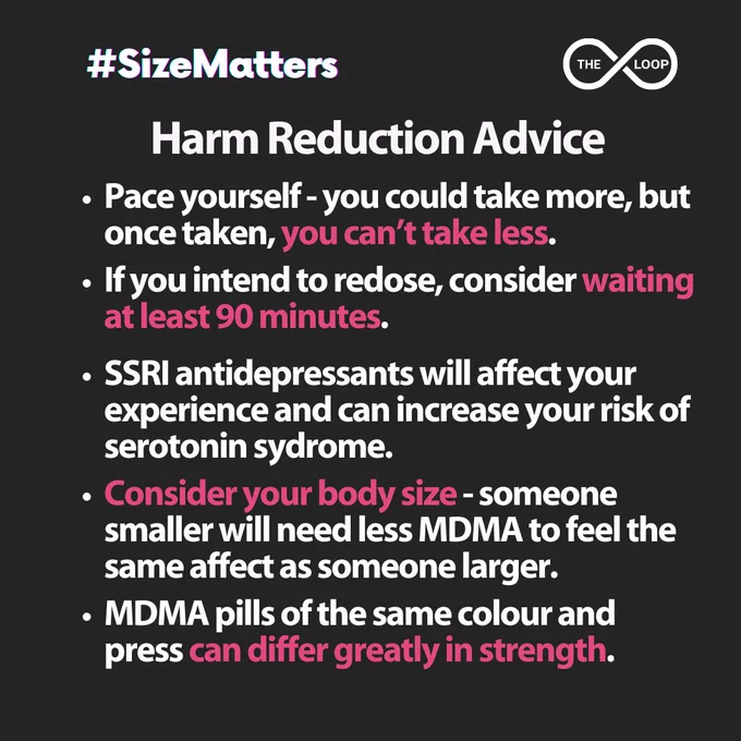 
Harm reduction advice

Pace yourself - you could take more, but once taken, you can’t take less.
 
If you intend to redose, consider waiting at least 90 minutes.

SSRI antidepressants will affect your experience and can increase your risk of serotonin sydrome.

Consider your body size - someone smaller will need less MDMA to feel the same affect as someone larger.

MDMA pills of the same colour and press can differ greatly in strength.
