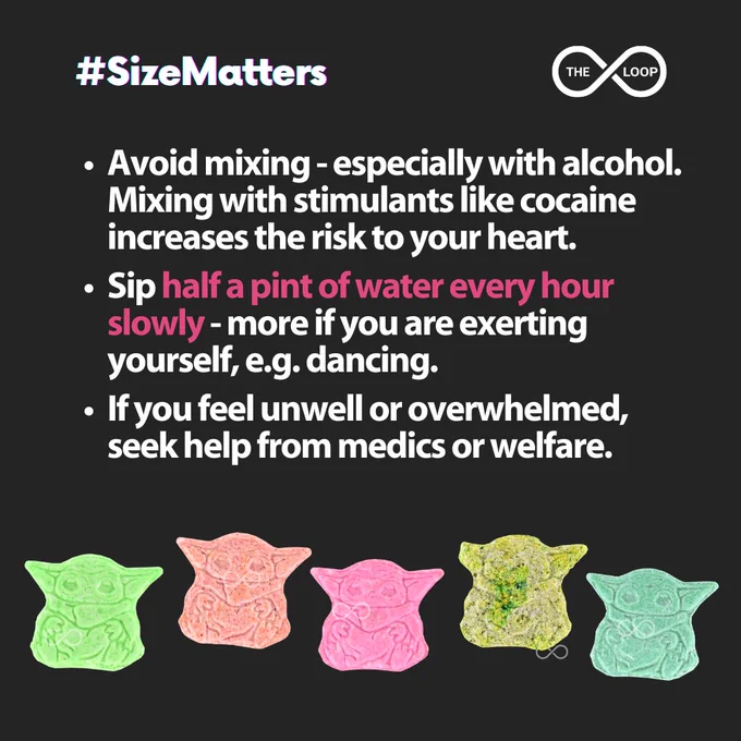 


Avoid mixing - especially with alcohol. Mixing with stimulants like cocaine increases the risk to your heart.

Sip half a pint of water every hour slowly - more if you are exerting yourself, e.g. dancing.
 
If you feel unwell or overwhelmed, seek help from medics or welfare.

Images of five baby yoda pills of varying strengths. 