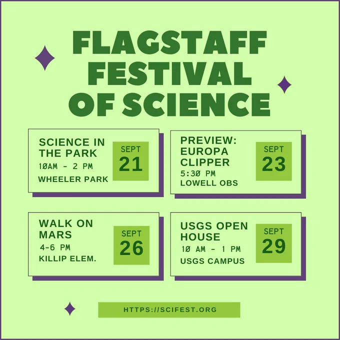 Image card with a green background and dark green foreground text. Header text reads "Flagstaff Festival of Science." Remaining text indicates different events that Astrogeology will be participating in: Science in the Park (Sept. 21 at Wheeler Park), a talk about Europa Clipper (Sept. 23 at Lowell Observatory at 5:30pm), Walk on Mars exhibit at Killip Elementary open to the public after school hours on Sept. 26, and the USGS Open House on Sept. 26 from 10am - 1pm.