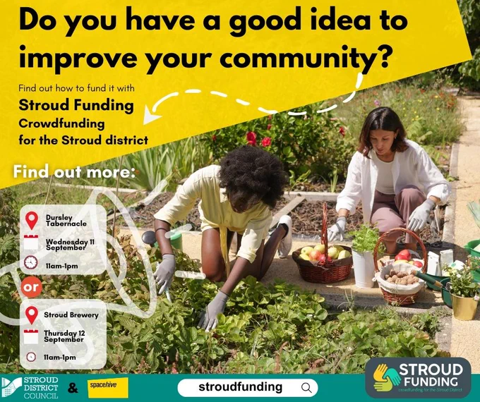 two women gardening. Text includes details of two events at Dursley Tabernacle on 11 Sept and Stroud Brewery on 12 Sept. 
