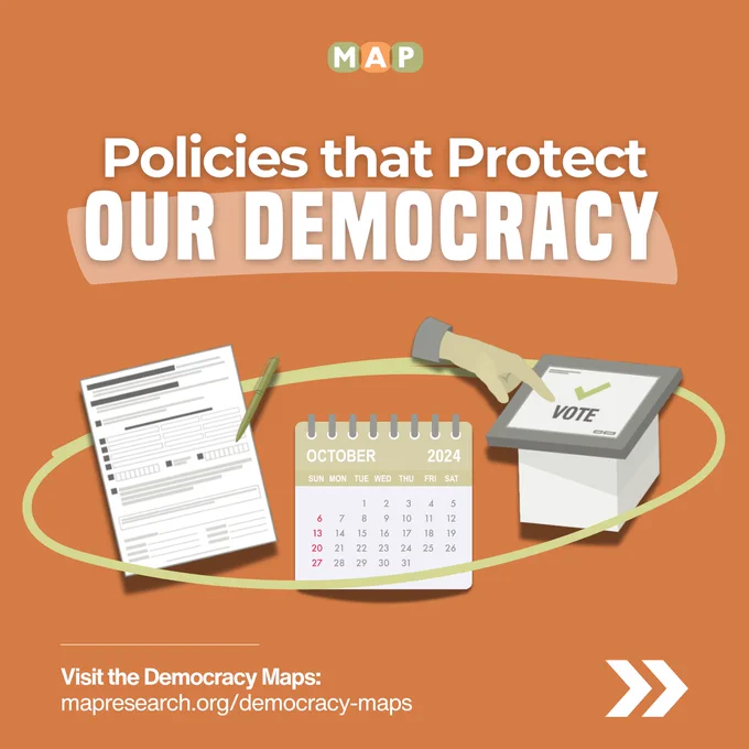 Title slide that reads, "Policies that Protect Our Democracy." Icons representing AVR, early voting, and same-day voter registration are shown. Footer text reads, "Visit the Democracy Maps: mapresearch.org/democracy-maps"