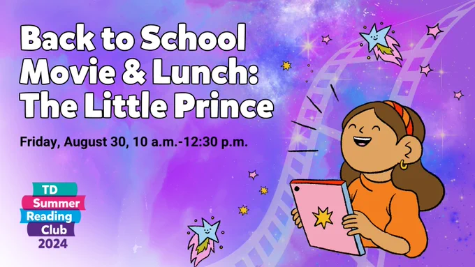 A purple, blue, and pink space background with an illustration of a child holding a pink tablet and laughing. There are stars and a light purple filmstrip.