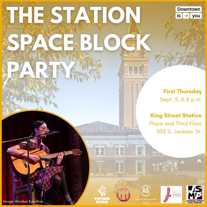 Flier for The Station space Block Party at King Street Station. Image of King Street Station plaza and musician playing guitar and singing.