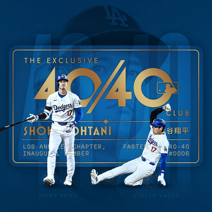 A graphic for Shohei Ohtani for the 40/40 club. There are cutouts of Shohei with a bat and one of him sliding.