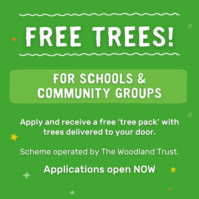 Promotional graphic for "Free Trees" initiative by The Woodland Trust, inviting schools and community groups to apply for a free tree pack with applications currently open.