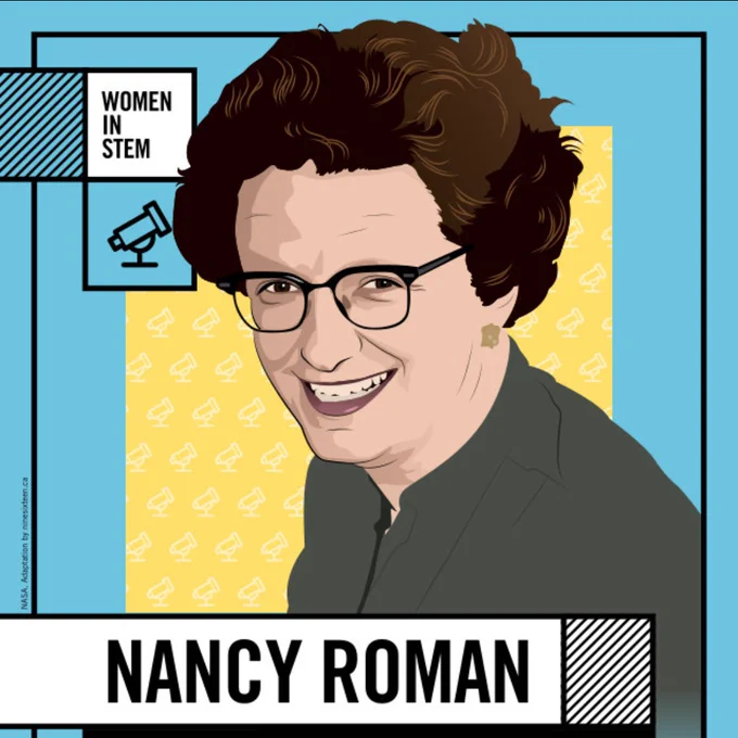 Illustration of nancy roman smiling wearing dark brown glasses, with short brown hair and brown eyes.