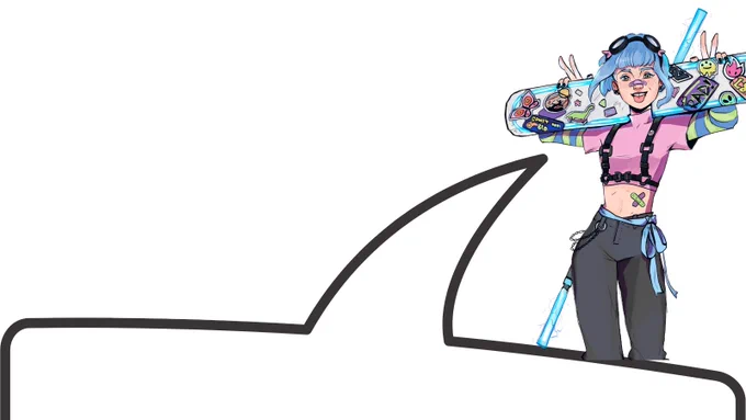 Skye Scraper, a teen girl with blue hair, a pink crop top, and a sticker covered skateboard. main character from the atomless podcast. a word bubble is connected to her to make her look like she is saying the quoted tweet.