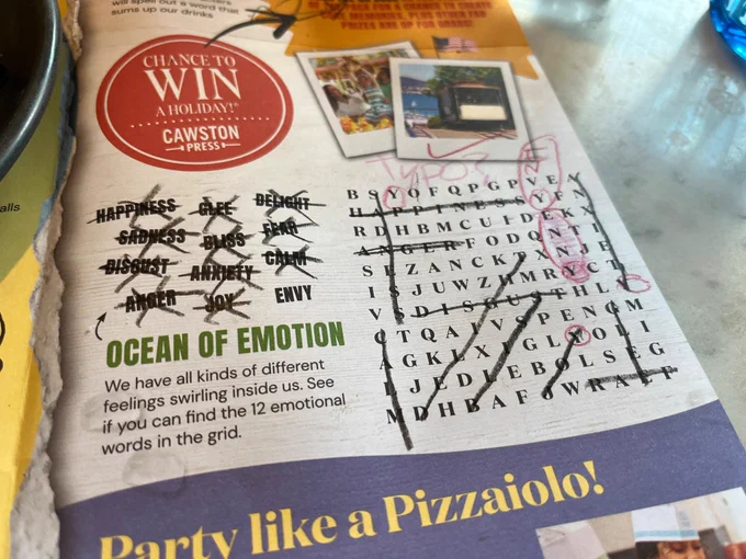 Pizza Express wordsearch completed, apart from ENNY circled and we’re missing ENVY.