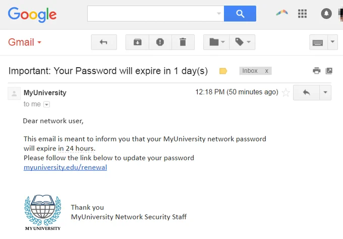 a gmail snapshot with a mail showing a phishing attempt. The title reads Your password will expire in 1 day(s) and the e-mail has a link to "renew" it