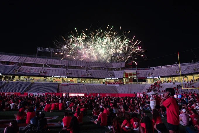 Fireworks over TDECU Stadium during Cage Rage at the University of Houston.