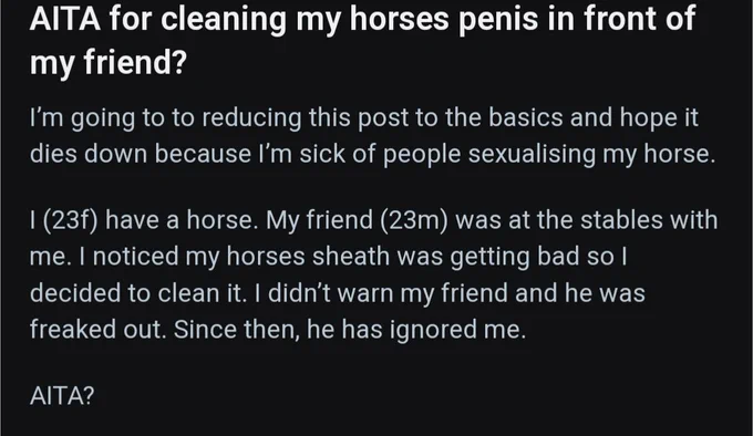 Screenshot of a reddit post titled: AITA for cleaning my horses penis in front of my friend? 

Text of post reads as follows:
I’m going to to reducing this post to the basics and hope it dies down because I’m sick of people sexualising my horse.

I (23f) have a horse. My friend (23m) was at the stables with me. I noticed my horses sheath was getting bad so I decided to clean it. I didn’t warn my friend and he was freaked out. Since then, he has ignored me.

AITA?