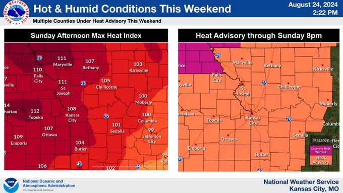 2 images of eastern KS and Missouri. The first shows heat index values ranging from 103-111 across the area for Sunday. It also shows a heat advisory for the entire area Sunday with an excessive heat warning for southeast Nebraska and southwest Iowa. 