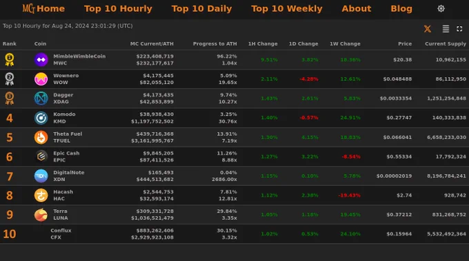 Top 10 Hourly Market Cap Gainers - Aug 24, 2024 23:01