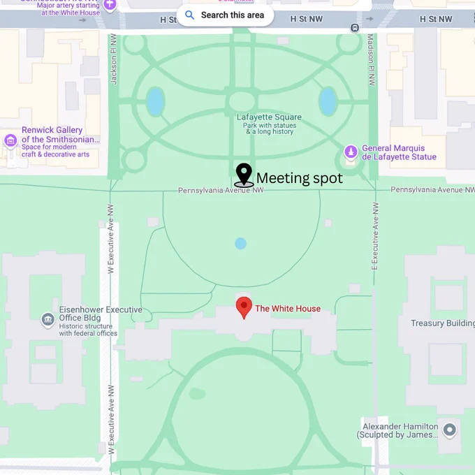 Screenshot of Google Maps showing the area around the White House to show where to go for vigil. Pin location icon placed on Pennsylvania Avenue NW. The road is between the White House and Lafayette Square.