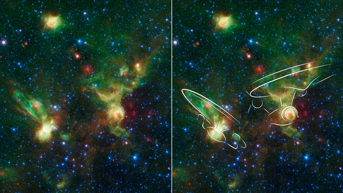 Two images mirrored side-by-side showing two nebulae in the shape of two Star Trek Enterprise ships. On the left, the nebulae is a cloud of gas and dust in space, with vibrant colors of green, red, and blue. The image on the right shows the Enterprise ships outlined in white over the nebulae. Credit: NASA/JPL-Caltech