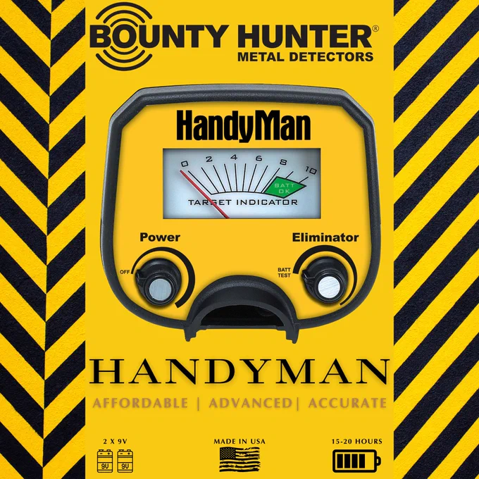 A Bounty Hunter HandyMan Metal Detector with a lightweight, compact design and a 5-inch water-resistant search coil. The unit features a simple control panel with adjustable sensitivity for easy operation, making it ideal for kids and beginners. Perfect for locating coins, jewelry, and small metal objects up to 6 inches deep.