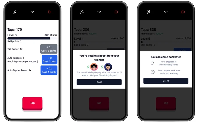 Screenshots of my clicker game "Tap The Button"