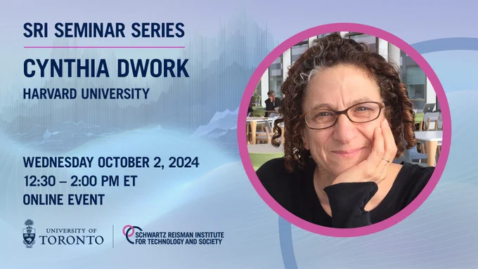 Headshot of Cynthia Dwork in colour with pink circle and blue background. Text next to photo says name and details of the talk. 