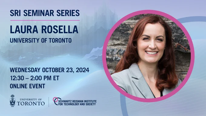 Headshot of Laura Rosella in colour with pink circle and blue background. Text next to her says her name and details of her talk.